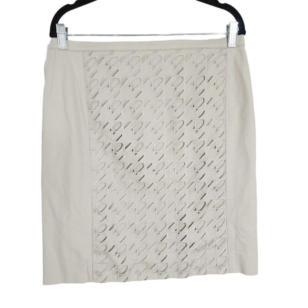 Carlisle Womens Skirt Beige Houndstooth Cut Out Embroidered Pencil Mini Size 8 M